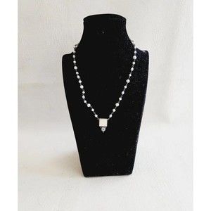 Vintage Sterling Pearl Station Links Mother Pearl Pendant Rhinestone Necklace